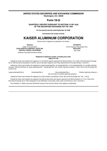 Thumbnail Kaiser Aluminum
 10-Q Quarterly Report FY 