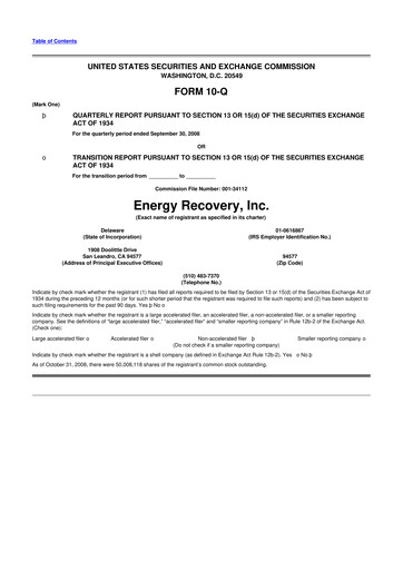 Thumbnail Energy Recovery
 10-Q Quarterly Report FY 