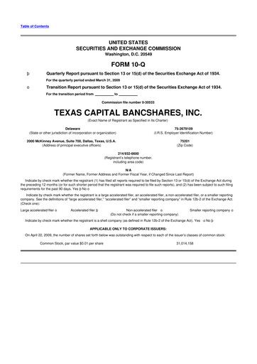 Thumbnail Texas Capital Bancshares 10-Q Quarterly Report FY 