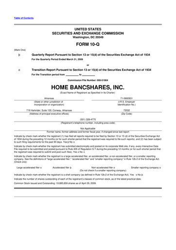 Thumbnail Home BancShares
 10-Q Quarterly Report FY 