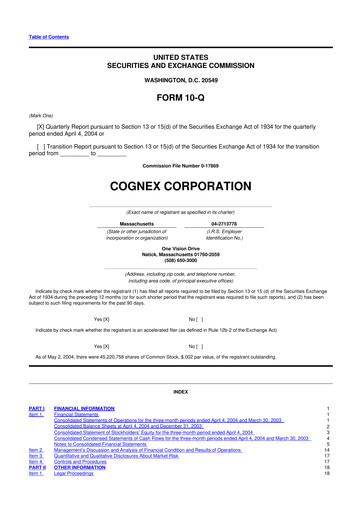 Thumbnail Cognex 10-Q Quarterly Report FY 