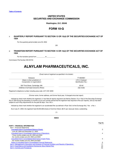 Thumbnail Alnylam Pharmaceuticals
 10-Q Quarterly Report FY 