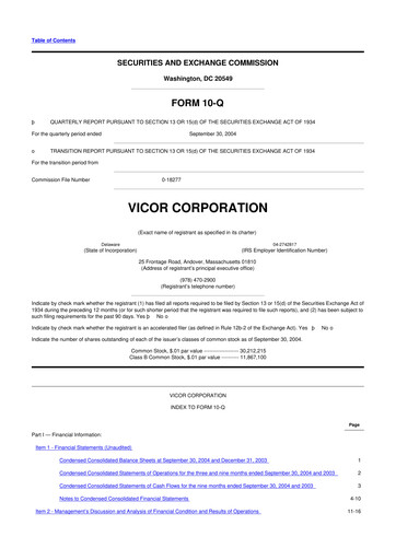 Miniature Vicor
 10-Q Rapport trimestriel  