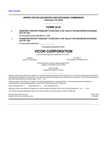 Miniature Vicor
 10-Q Rapport trimestriel  