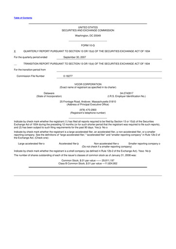 Miniature Vicor
 10-Q Rapport trimestriel  
