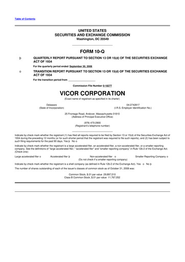 Miniature Vicor
 10-Q Rapport trimestriel  