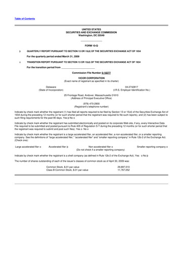 Miniature Vicor
 10-Q Rapport trimestriel  