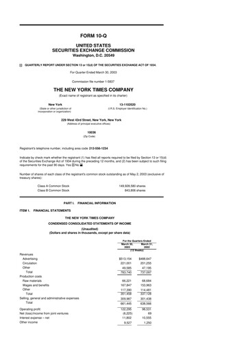 Thumbnail New York Times 10-Q Quarterly Report FY 