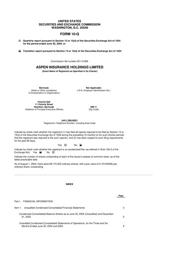 Thumbnail Aspen Insurance 10-Q Quarterly Report FY 