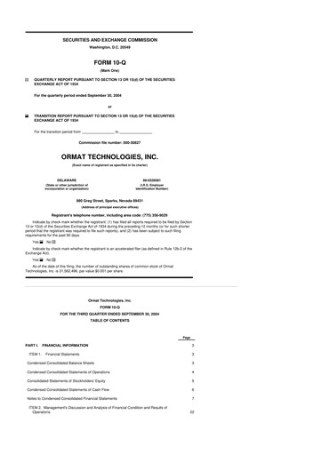 Miniature Ormat Technologies
 10-Q Rapport trimestriel  
