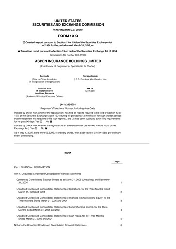 Thumbnail Aspen Insurance 10-Q Quarterly Report FY 