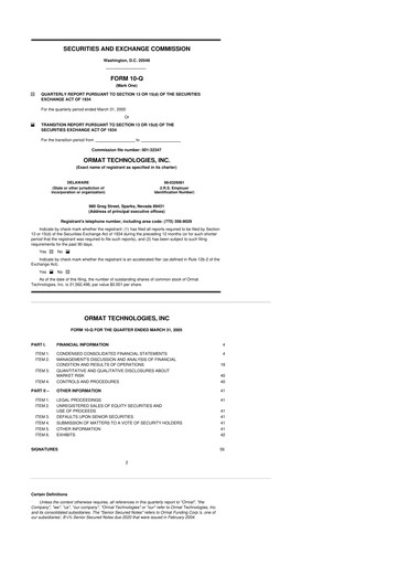 Miniature Ormat Technologies
 10-Q Rapport trimestriel  