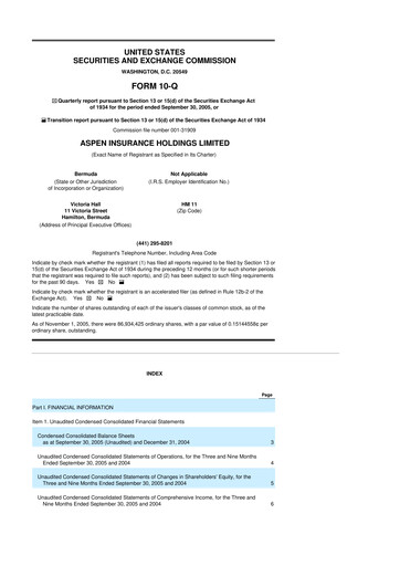Thumbnail Aspen Insurance 10-Q Quarterly Report FY 