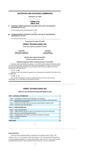 Miniature Ormat Technologies
 10-Q Rapport trimestriel  
