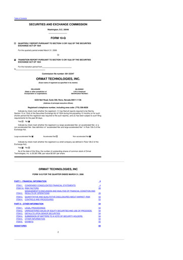 Miniature Ormat Technologies
 10-Q Rapport trimestriel  