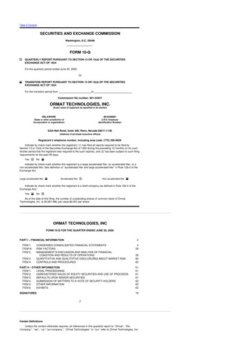 Miniature Ormat Technologies
 10-Q Rapport trimestriel  