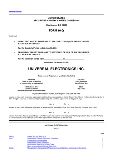Thumbnail Universal Electronics 10-Q Quarterly Report FY 