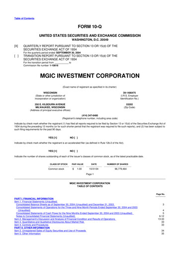 Thumbnail MGIC Investment
 10-Q Quarterly Report FY 