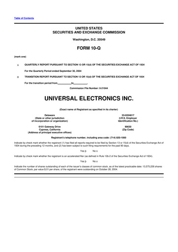 Thumbnail Universal Electronics 10-Q Quarterly Report FY 