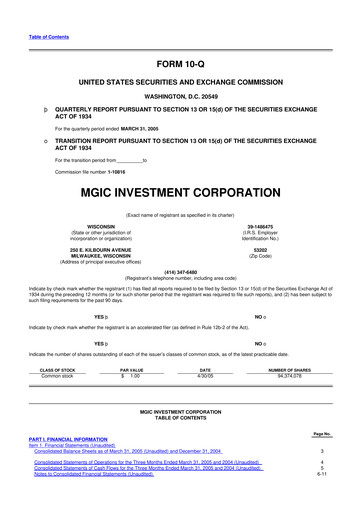 Thumbnail MGIC Investment
 10-Q Quarterly Report FY 