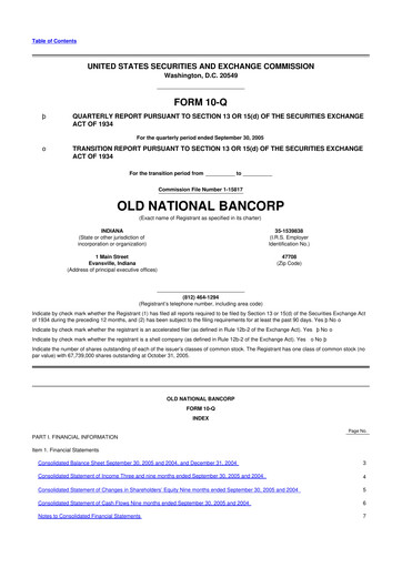 Thumbnail Old National Bank
 10-Q Quarterly Report FY 