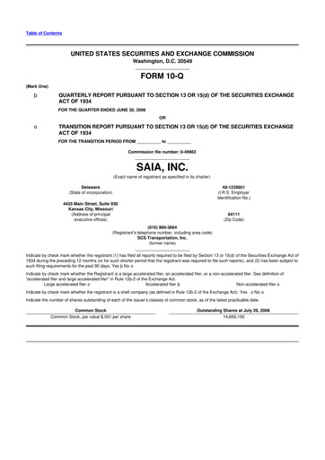 Thumbnail Saia
 10-Q Quarterly Report FY 