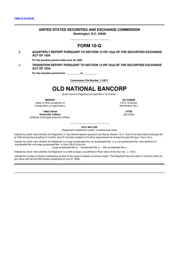 Thumbnail Old National Bank
 10-Q Quarterly Report FY 