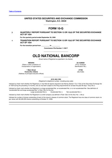 Thumbnail Old National Bank
 10-Q Quarterly Report FY 
