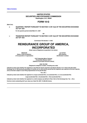 Miniature Reinsurance Group of America
 10-Q Rapport trimestriel  