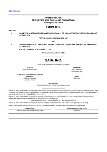 Thumbnail Saia
 10-Q Quarterly Report FY 