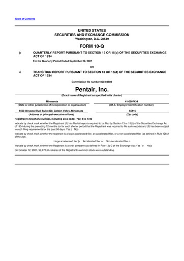 Thumbnail Pentair
 10-Q Quarterly Report FY 