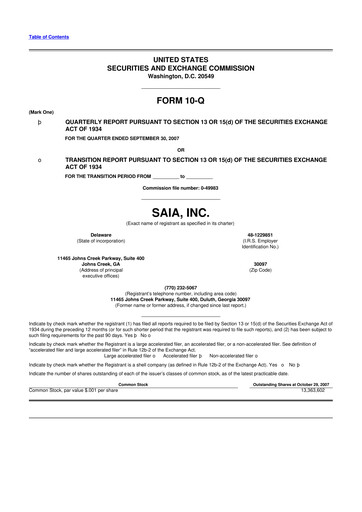 Thumbnail Saia
 10-Q Quarterly Report FY 