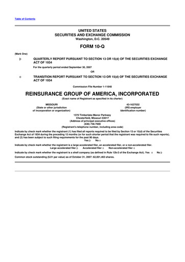 Miniature Reinsurance Group of America
 10-Q Rapport trimestriel  