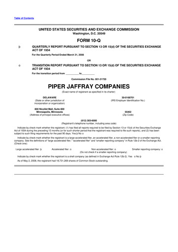 Miniature Piper Sandler
 10-Q Rapport trimestriel  