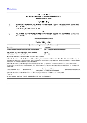 Thumbnail Pentair
 10-Q Quarterly Report FY 