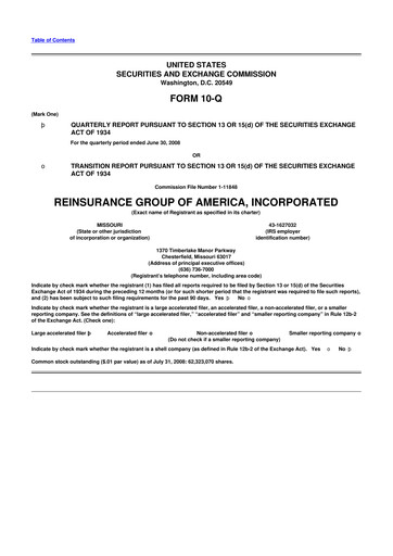 Miniature Reinsurance Group of America
 10-Q Rapport trimestriel  