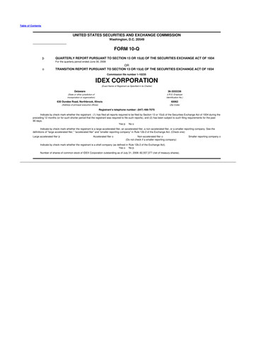 Miniature IDEX 10-Q Rapport trimestriel  