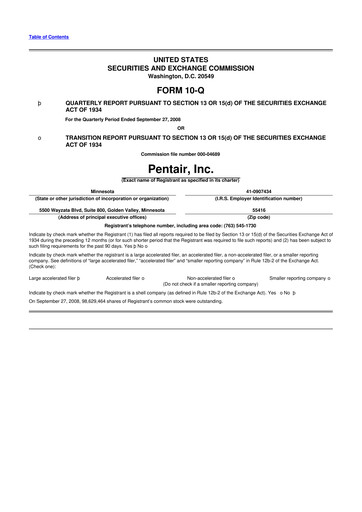 Thumbnail Pentair
 10-Q Quarterly Report FY 