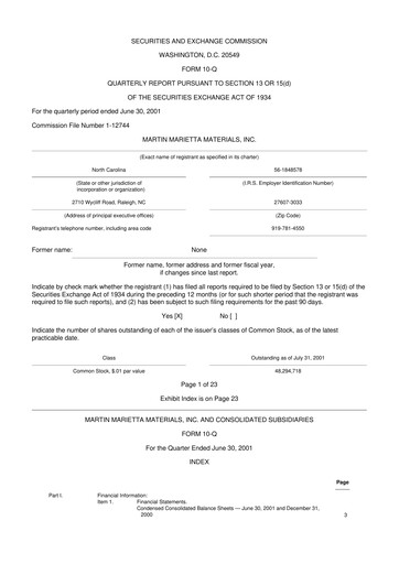Thumbnail Martin Marietta Materials 10-Q Quarterly Report FY 