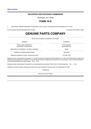 Thumbnail Genuine Parts Company
 10-Q Quarterly Report FY 