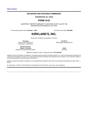 Thumbnail Kirkland's 10-Q Quarterly Report FY 
