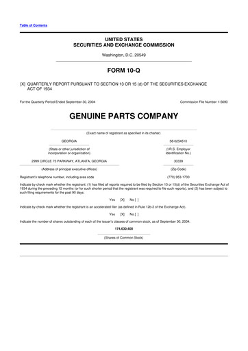 Thumbnail Genuine Parts Company
 10-Q Quarterly Report FY 