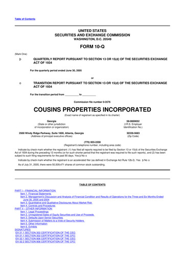 Thumbnail Cousins Properties
 10-Q Quarterly Report FY 