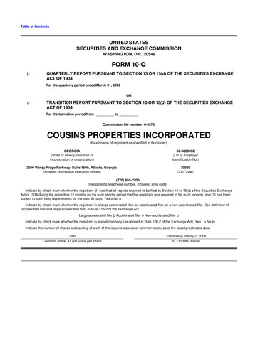 Thumbnail Cousins Properties
 10-Q Quarterly Report FY 