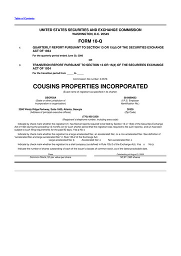 Thumbnail Cousins Properties
 10-Q Quarterly Report FY 