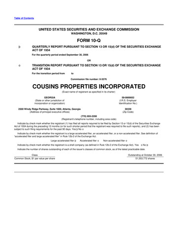 Thumbnail Cousins Properties
 10-Q Quarterly Report FY 