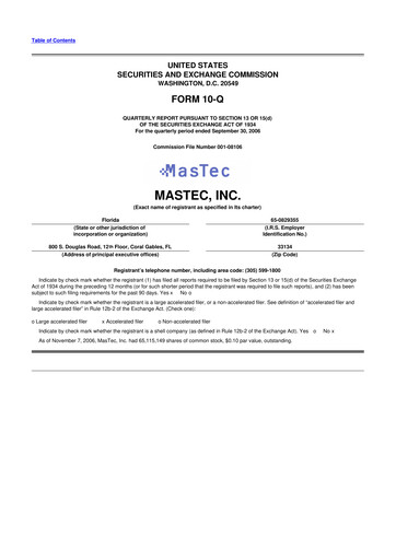Miniature MasTec 10-Q Rapport trimestriel  
