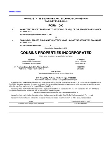 Thumbnail Cousins Properties
 10-Q Quarterly Report FY 