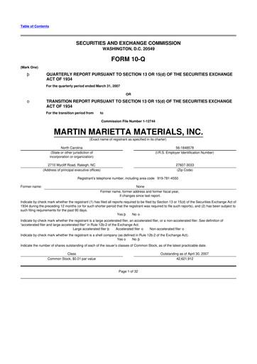 Thumbnail Martin Marietta Materials 10-Q Quarterly Report FY 