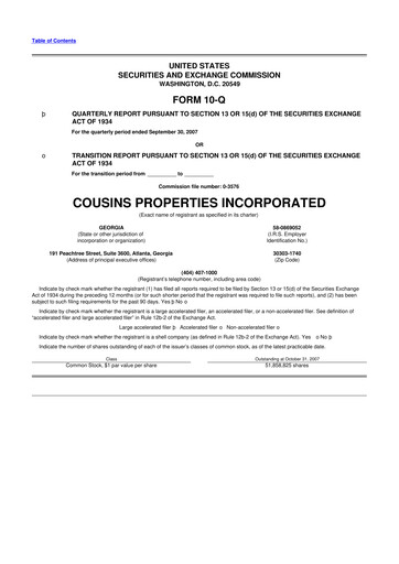 Thumbnail Cousins Properties
 10-Q Quarterly Report FY 